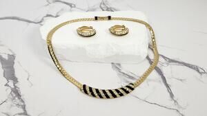 Vintage Swarovski Black Enamel Crystal Gold Plated Collar Necklace Earrings Set